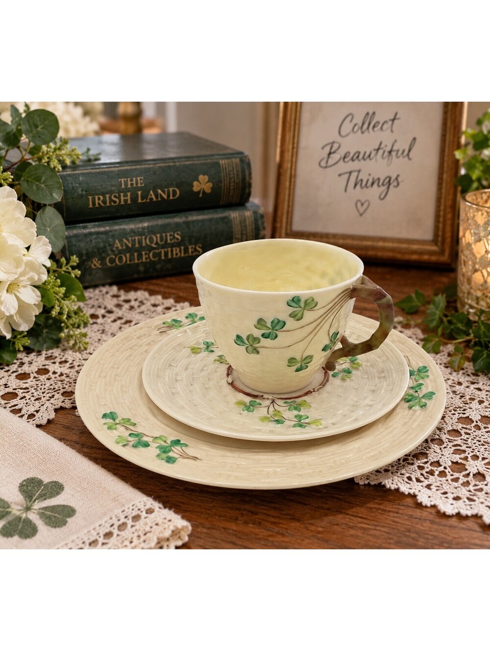 Vintage Belleek Shamrock Tea Trio 4th Green Mark 1946-1955 Ireland 3 Pc